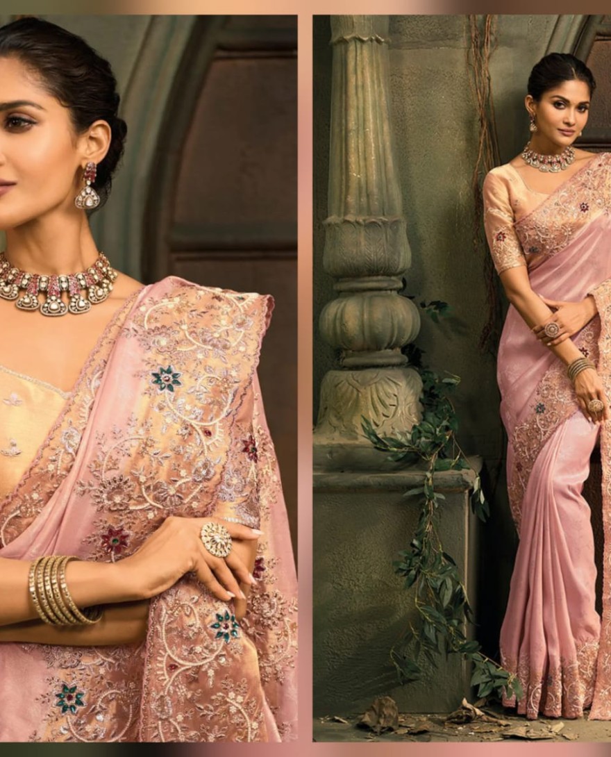 PINK - Rose Pink Handwork Pure Silk Designer Saree